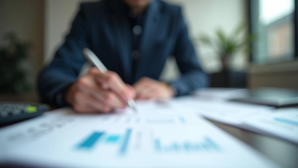 Finansmand arbejder ved kontor med regneark, kalkulator og finansielle rapporter på bordet