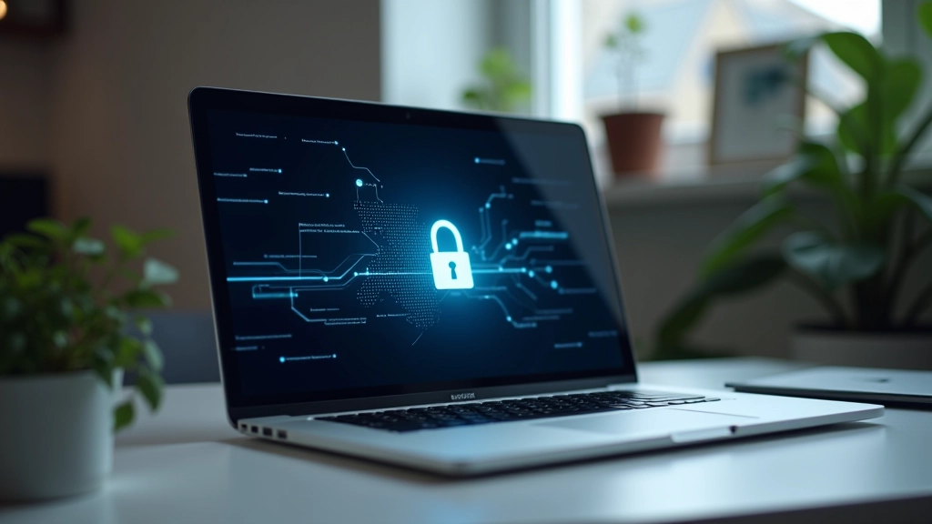 Laptop på skrivebord med låsikon på skærmen, cybersecurity-tema, sikker arbejdsplads, kontordekoration omkring