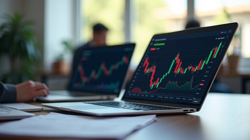 Laptop på kontor med investeringsapp åben, grafikon med grønne og røde linjer, professionel indretning