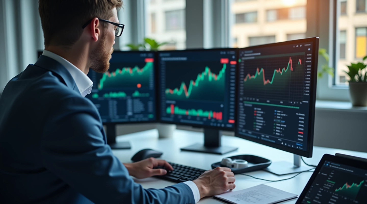 Moderne finansiel teknologi arbejdsplads med investeringsgrafik