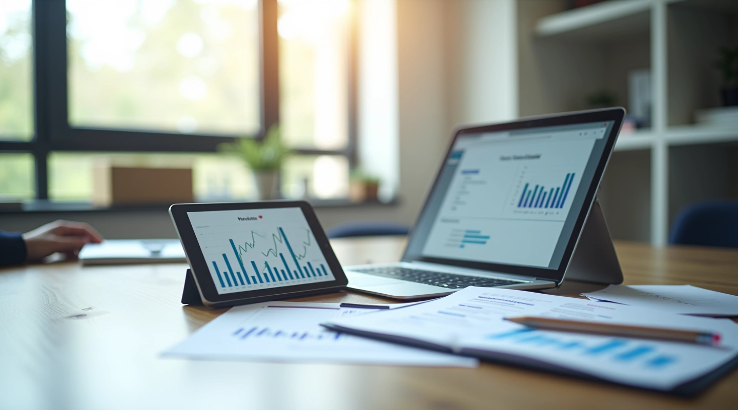 Moderne kontor med computer, tablet og finansielle diagrammer på skrivebord, naturligt lys