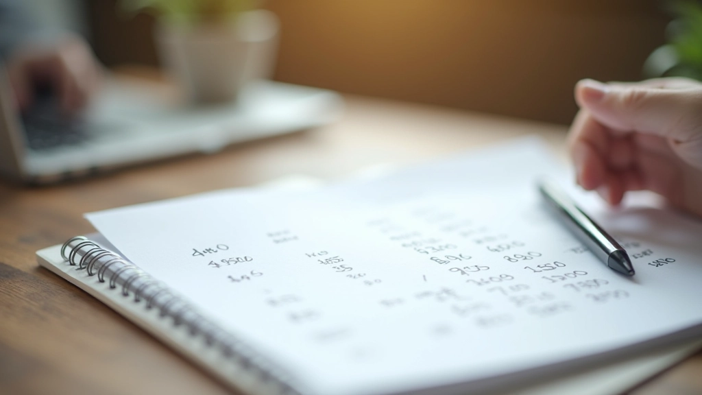 Notesbog med tal og finansielle beregninger på hvidt bord, pen ved siden af