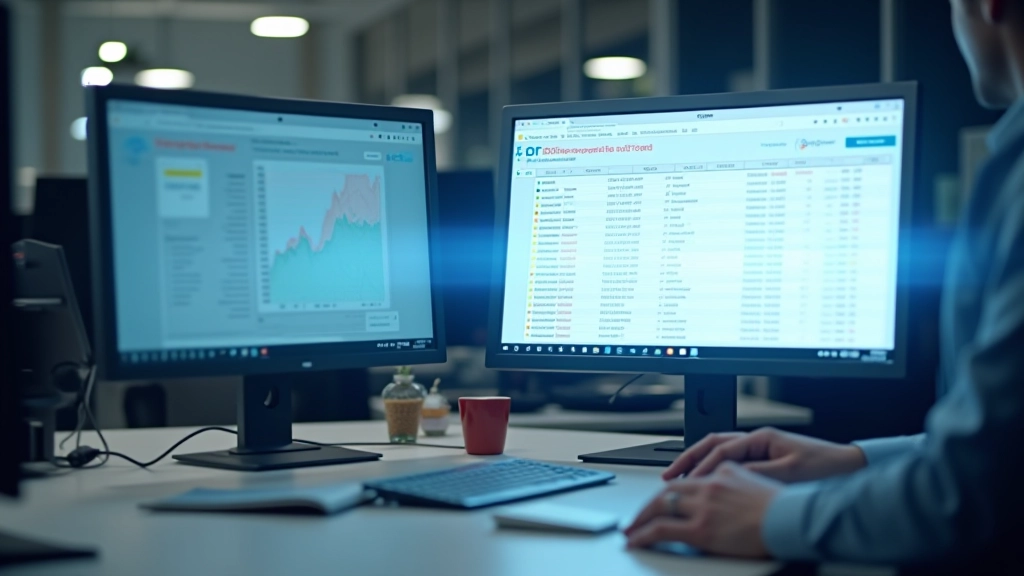 Kontor med flere skærme viser spreadsheet og app-vindue side ved side, fokus på dataintegration, professionelt arbejdsmiljø