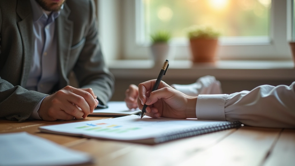 Person ved skrivebord noterer ned med pen og papir, månedlige udgifter og gebyr på siden