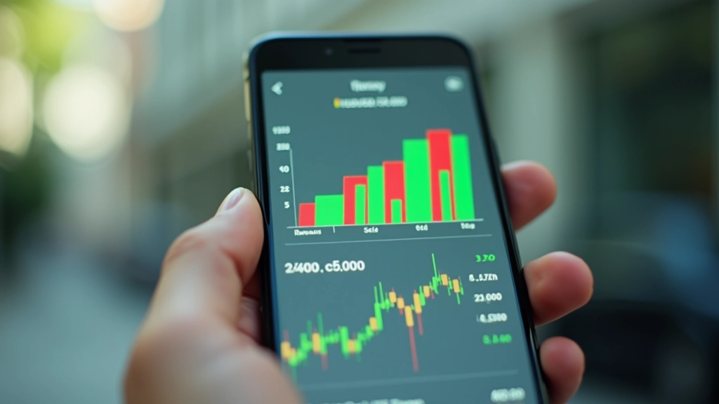 Smartphone-skærm viser investeringsdashboard med grønne og røde søjlediagrammer, moderne app-interface, hånd holder telefon