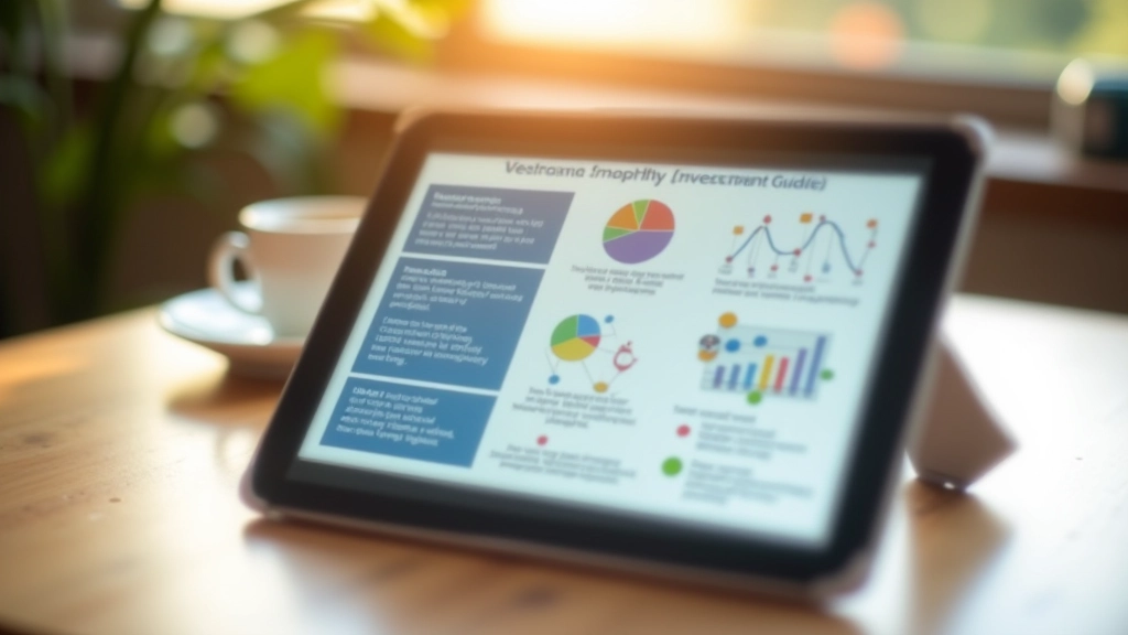 Tablet på træbord viser investeringsguide med farvede ikoner og tekstbokse, sommerlys fra vindue, kaffekopp i baggrunden
