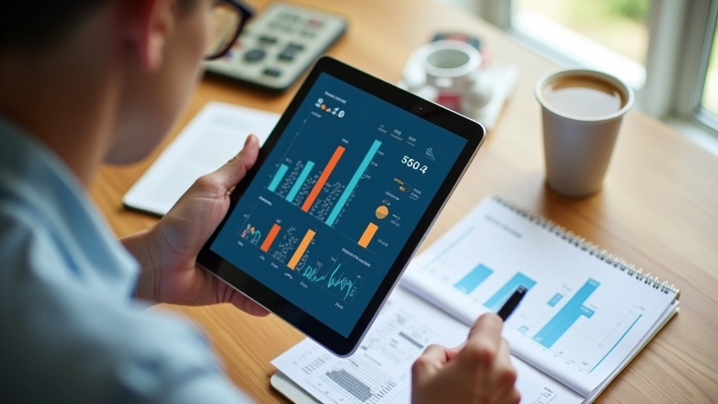 Tablet-skærm med grafer og statistikker over investeringsresultater, notesblok ved siden af, kaffe på skrivebord
