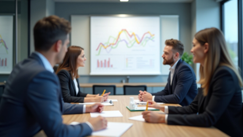 Mødelokale med flere mennesker, der diskuterer investeringsstrategi, whiteboard med grafer i baggrunden
