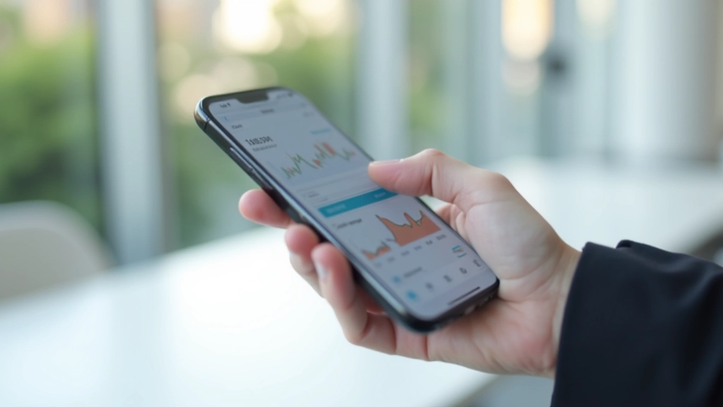 Smartphone med investeringsapp på skærmen, hånd holder telefonen, hvidt skrivebord